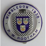 Wimbledon Tennis 1938 Accreditation silver plated badge issued to Percy W. Rootham who was Vice