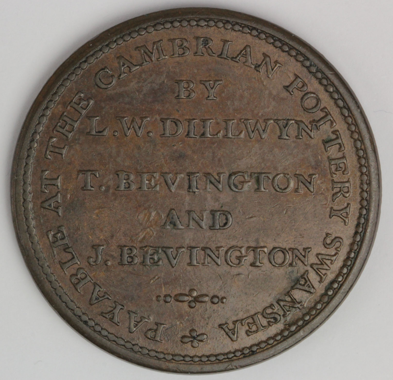 Welsh 19thC Copper Token : Cambrian Pottery Swansea Penny 1813, Glamorganshire Davis No. 20, Withers - Image 2 of 2