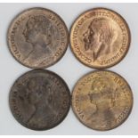 Farthings (4) bronze: 1864 no serif EF, some lustre, a few tone spots, 1878 GEF with streaky lustre,