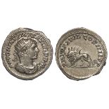 Caracalla silver antoninianus, Rome Mint 215 A.D., reverse:- Radiate lion, walking on groundline,