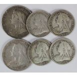 GB Silver Coins (6) late Victorian Crowns x2, and Halfcrowns x4, VG to VF