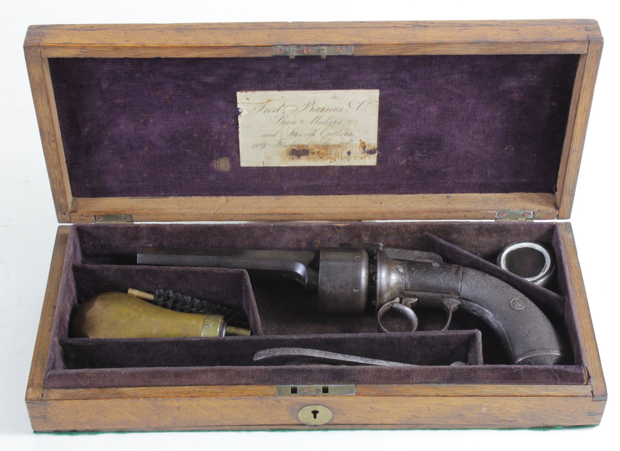 Cased transitional revolver by F. Barnes & Co. London. Bar hammer 6 shot cylinder. Polygroove