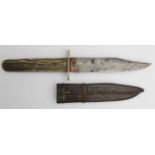Bowie Knife a Joseph Allen & Sons small Bowie Knife complete with scabbard, sharpened and worn blade