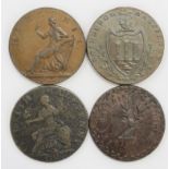 Edinburgh 18thc. halfpenny copper tokens - all V.F., 1791 (2) and 1796 plus a 1797 Leith halfpenny