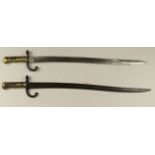 Chasspot Model 1866 Sabre bayonets. No scabbards. One with replacement spear point blade. Both in