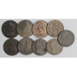 GB Farthings (9) early milled copper: 1694 VF plugged, 1697 aF,1699 date in legend Fair, 1721 VG,