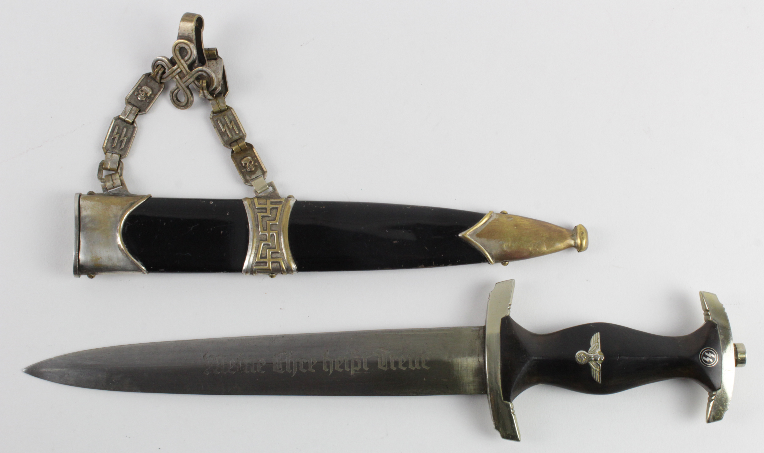 German SS Chained Officers Dagger, some replacement parts, shows age, E.P & S maker marked blade.