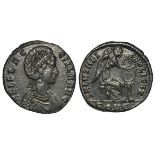 Aelia Flaccilla bronze double centenionalis, reverse:- Victory seated right, inscribing Chi-Rho