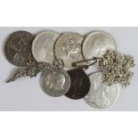 World Coins, Medals & Badges (8) including 2x Southern Rhodesia Crown 1953 EF-AU, a Maria Theresa