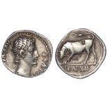 Augustus silver denarius, Lugdunum Mint 12-10 B.C., obverse:- Bare headed bust right, legend:-