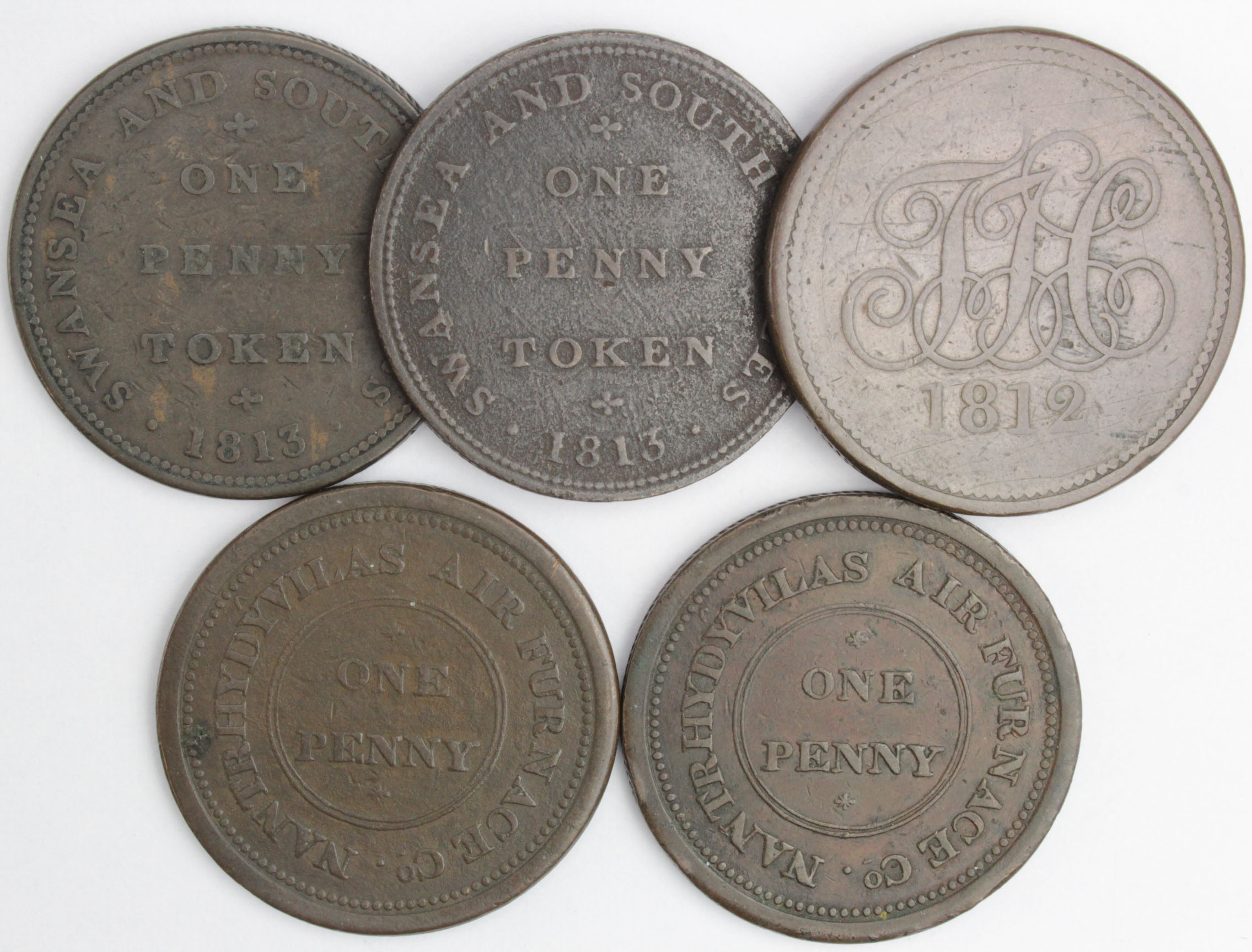 Welsh 19thC Copper Tokens (5) : 2x Cambrian Pottery, Swansea Pennies 1813 Davis 20, Withers 1337,