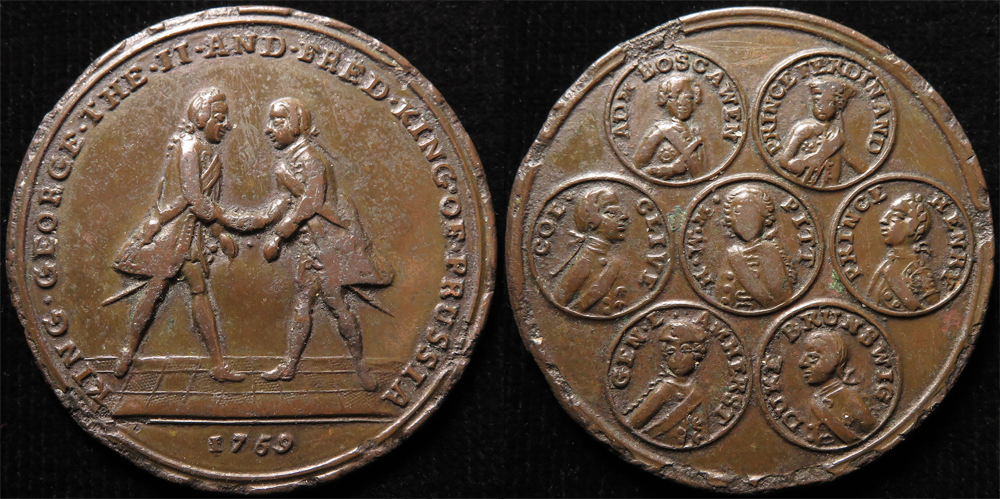 British Commemorative Medal, brass d.46mm: George II, Frederick of Prussia and the Allied Leaders
