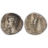 Augustus silver denarius, Colonia Patricia Mint 19 BC. Reverse reads:- SIGNIS RECEPTIS, Mars Ultor