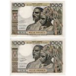 West African States Ivory Coast 1000 Francs (2) issued 1959 - 1965, (Pick103A), one has a small edge