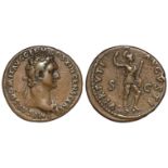 Domitian copper as, Rome Mint 90-91 A.D., reverse reads:- VIRTVTI AVGVSTI, Virtus standing right,