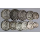 GB Silver Coins (11) QV Jubilee hd., Crown to Sixpence, mixed grade.