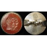 Seal, large brownish-red carnelian intaglio 65mm featuring a classical double portrait. Appears to