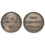 Token, 19thC : Unidentified silvered copper Sixpence token of 'C.F.G. Co.', d.20mm, possibly Irish