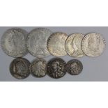 GB Early Milled Silver (9) 17th-18thC mixed grade, noted: Shilling 1758 cleaned aVF, Shilling 1787