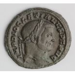 Diocletian billon follis of Aquileia 301 A.D., reverse reads:- SACR MONET AVGGET CAESS NOSTR, Monets