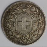 Switzerland 5 Francs 1890B, GF, edge nick.