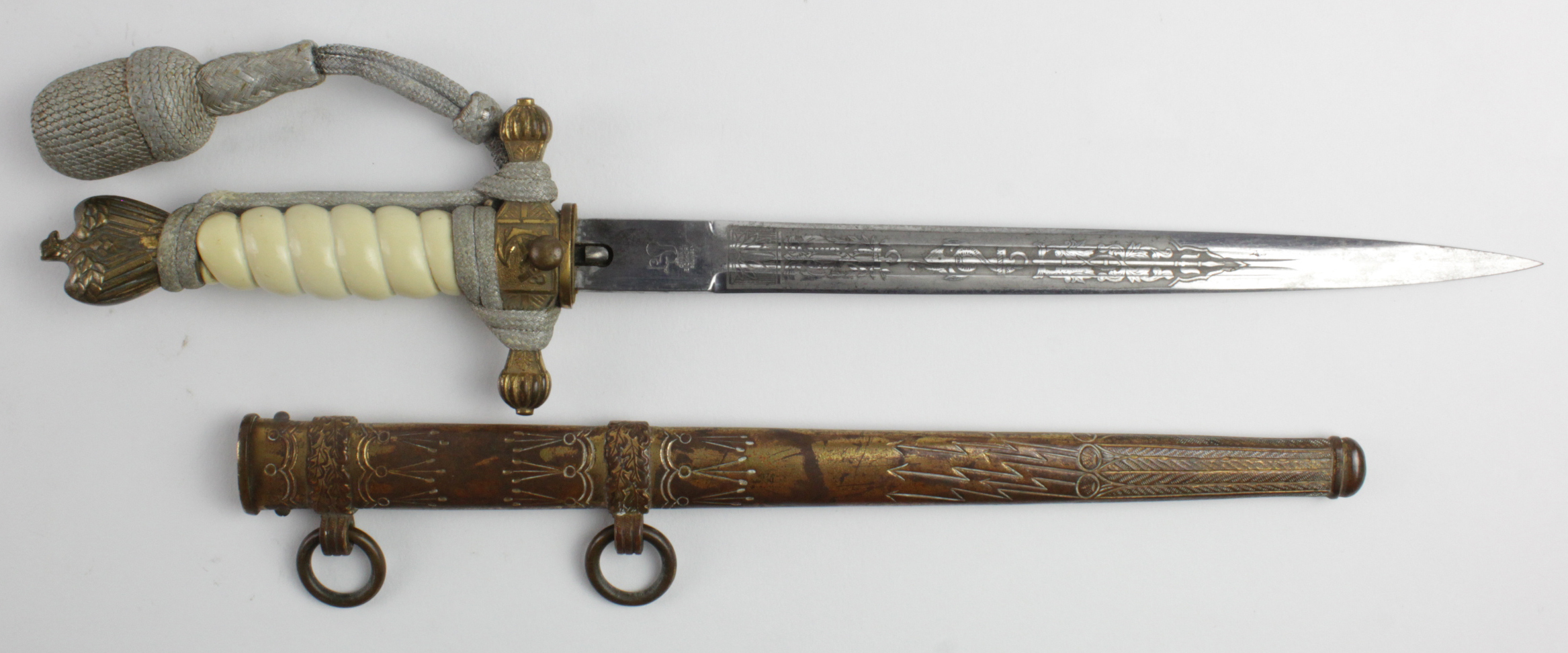 German Nazi Naval Dagger with scabbard and dagger knot. Blade maker marked 'Original Eickhorn