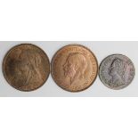 GB Copper & Bronze (3): Penny 1899 EF with lustre, Penny 1936 GEF with lustre, and Farthing 1754