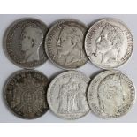 France (6) silver 5 Francs 1830-1876, mixed grade.