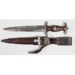 German SA Dagger with scabbard and leather hanger and frog. Blade maker marked 'RZM M7/2'. Frog