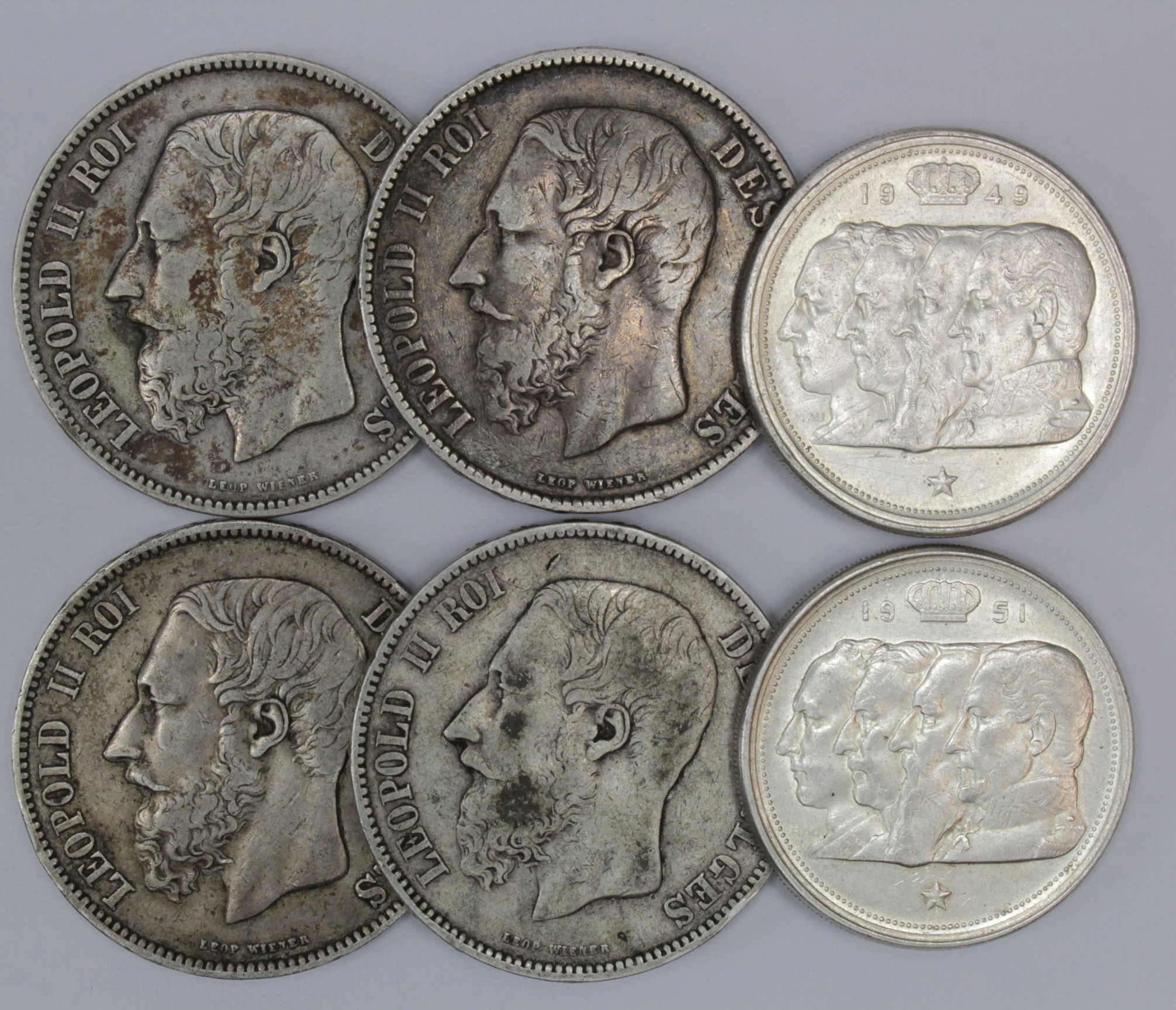 Belgium (6) crown or near crown-size silver coins 19th-20thC mixed grade.