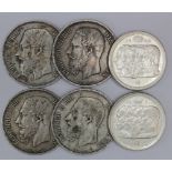 Belgium (6) crown or near crown-size silver coins 19th-20thC mixed grade.