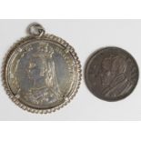 Altered Coins (2): Enameled Crown 1887 in a white metal mount, and a Victorian bun head penny,
