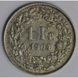 Switzerland 1 Franc 1904B, aEF