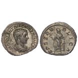 Diadumenian silver denarius, Rome Mint 218, reverse reads:- SPES PVBLICA, Spes advancing left,