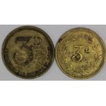 Welsh Pub Tokens (2): Monmouthshire, Blaina, Queens Hotel, G. Purnell (landlord c.1914-c.1923), 3d