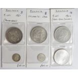Romania (6) silver coins: 50 Bani 1900 EF x2, 5 Lei 1881B reeded edge VF, 5 Lei 1906 KM# 35 Fine,