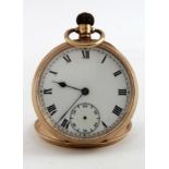 Gents 9ct gold cased open face pocket watch, hallmarked Birmingham 1919. The white dial with black