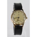 Gents 9ct gold cased wristwatch by Tudor (Rolex), hallmarked Edinburgh 1957, on a leather strap.
