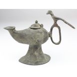 Medieval seljuk circa 1200AD bronze oil lamp with bird, 170-120 mm