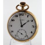 Gents 9ct cased open face pocket watch by Cymrex. The white dial with arabic numerals and subsidiary