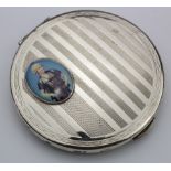 Silver & enamel Art Deco style Kigu compact with enamel image of a lady to lid, hallmarked 'KLd,