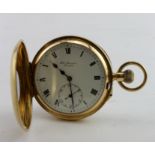 Gents 18ct cased half hunter pocket watch by Benson. Hallmarked London 1925. The white dial with