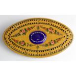 Treen cribbage board, handpainted floral decoration with central enamel plaque (inscription to