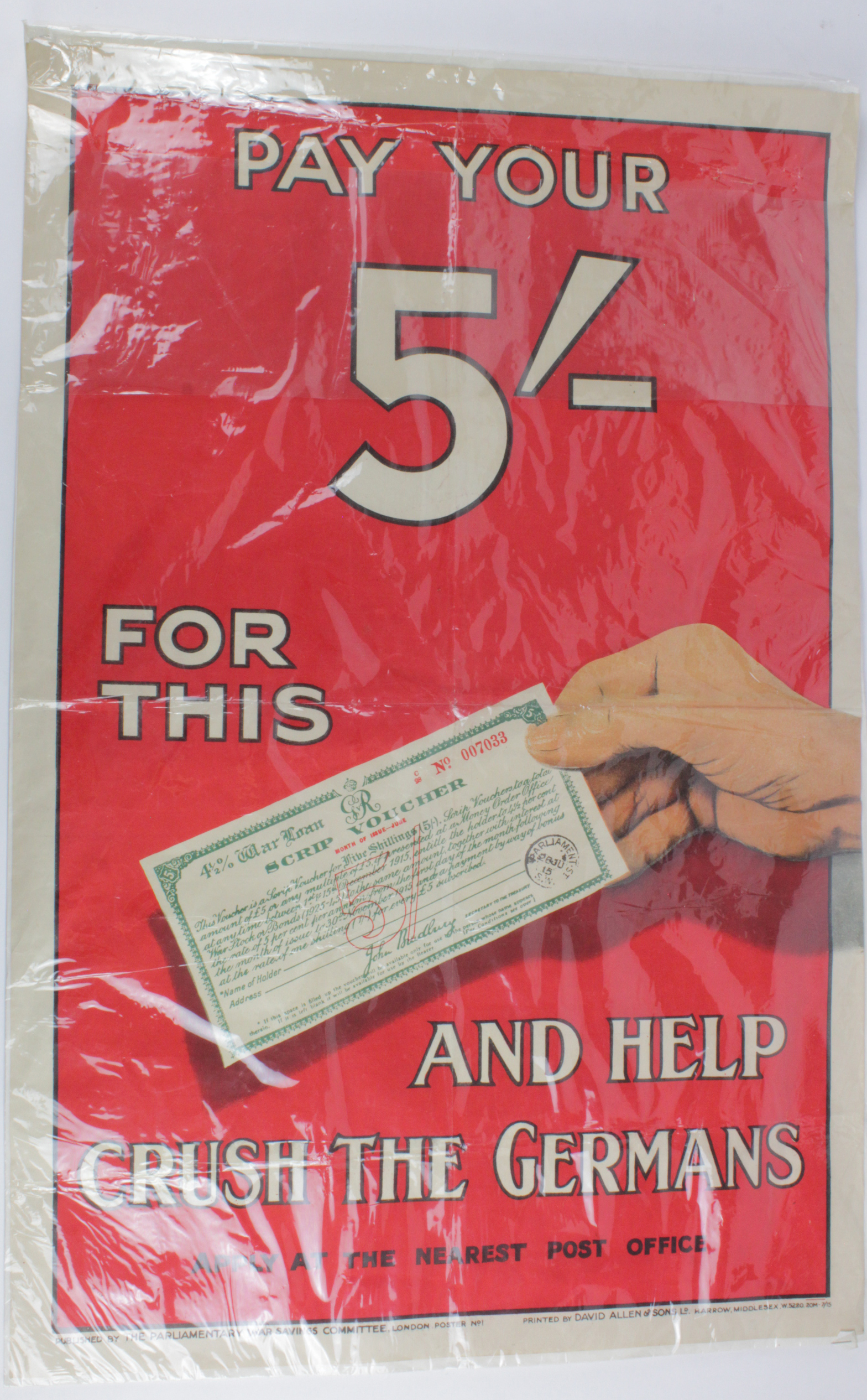 Original WWI poster "Pay Your 5 Shillings For This Voucher and Help Crush the Germans". Printed by D