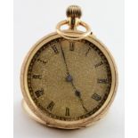Ladies 14ct cased fob watch, the gilt dial with black roman numerals. Approx 34mm dia, working