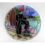 Circular stained glass window, depicting a sailor stood on a dock beside a boat, diameter 49cm