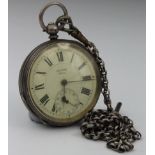 Silver open face pocket watch 'Santina 94959' & T bar, on a white metal chain, watch stamped '.935',