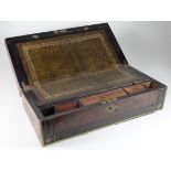 Large walnut writing slope with brass handles & mounts, morocco leather writing surface, box in need