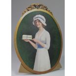 Advertising. An original cardboard shop counter advertising sign, depicting a young lady holding a