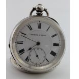 Gents Silver open face pocket watch by Kendal & Dent. Hallmarked Birmingham 1886.The white dial with